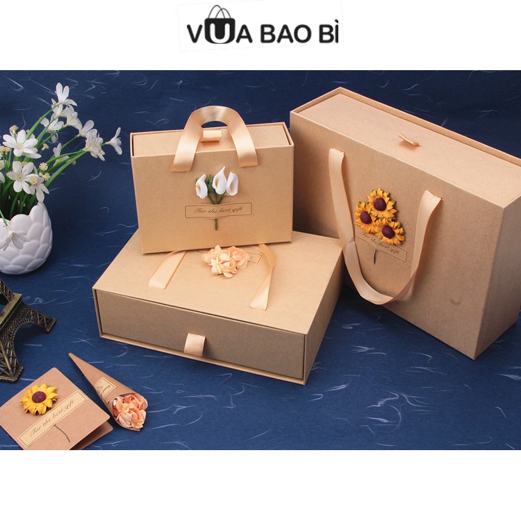 Hộp quà 20/10 kraft kiểu túi xách kèm rơm lót và thiệp vintage - Hộp quà sinh nhật-Vua Bao Bì, kỷ niệm