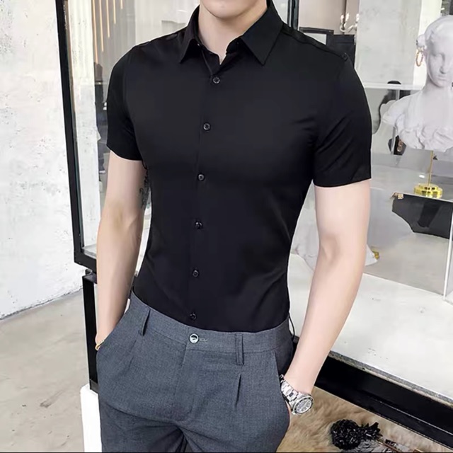 Áo sơmi cộc tay body nam 2 màu Đen Trắng