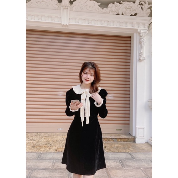 Váy nhung pha bèo cổ nơ đính ngọc