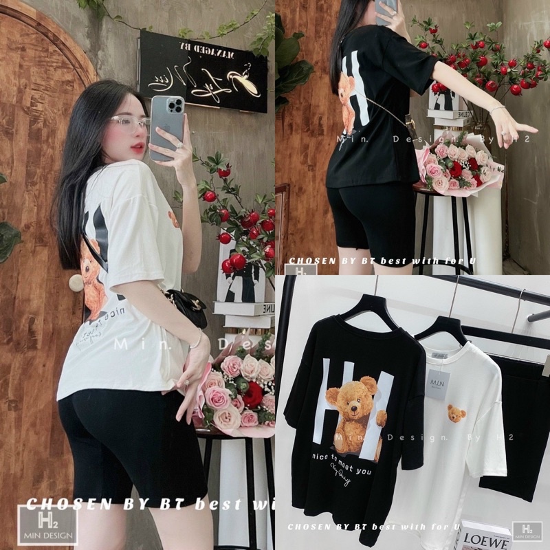 Set Bộ Đồ Nữ Áo Thun Gấu + Quần Legging Ngố [ Kèm video]