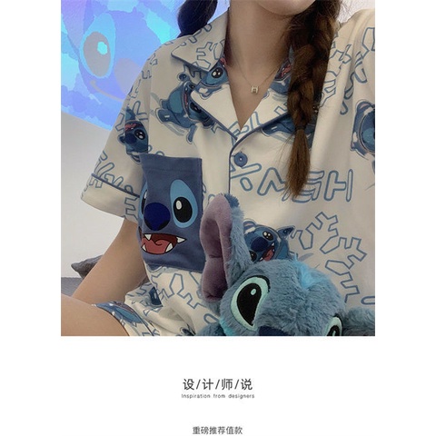 Bộ Đồ Ngủ Ngắn Tay Có Túi In Hình Stitch Hoạt Hình Dễ Thương