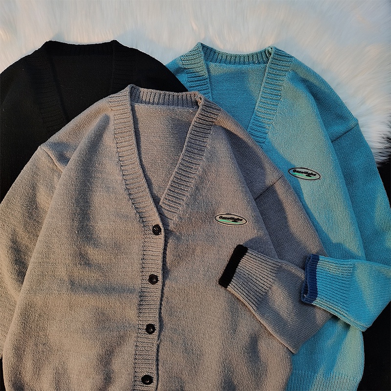 Áo khoác cardigan dáng rộng cổ chữ V màu trơn thời trang mùa đông phong cách Hàn Quốc cho cặp đôi