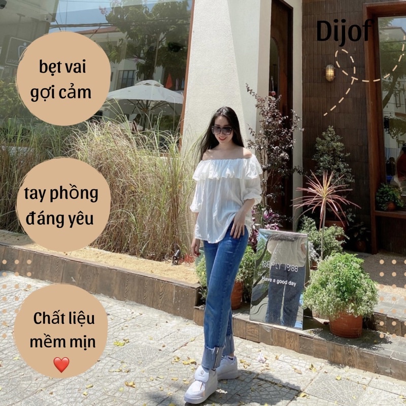 Áo bẹt vai tay phồng, áo kiểu trễ vai tay bồng phối bèo phong cách Hàn Quốc trẻ trung