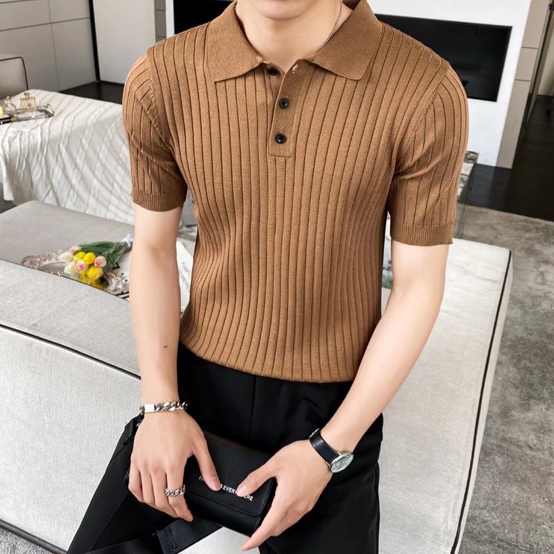 Áo Thun polo Dệt Kim Kẻ Sọc Dáng Ôm Phong Cách Hàn Quốc Thời Trang Công Sở Cho Nam