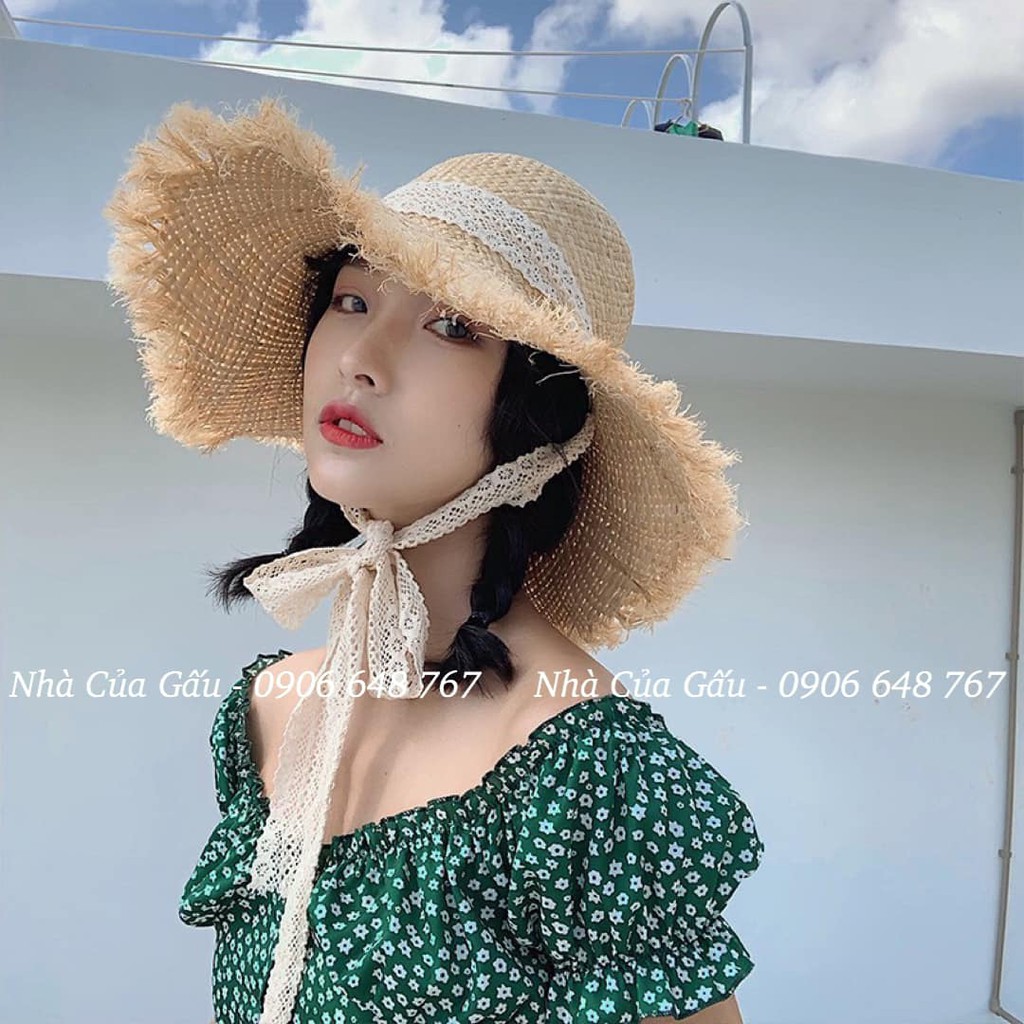 Nón cói rơm dây nơ ren vành xước vintage