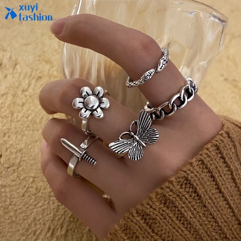 Bộ 5 Nhẫn Bạc Hình Bướm Và Thanh Kiếm Thời Trang Cổ Điển Cho Nữ