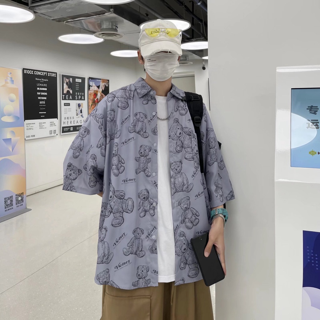 Short Sleeve Shirt With Cartoon Bear Pattern High Quality Korean Style Summer Fashion 2022 For Men