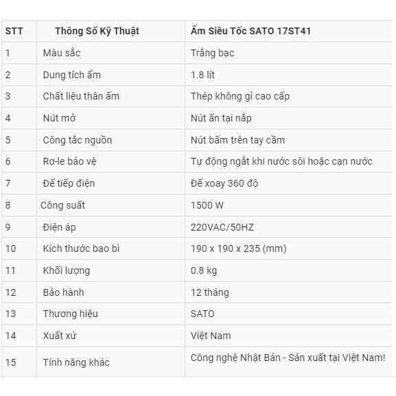 Siêu tốc inox - Ấm siêu tốc SATO 17ST-45, Dung tích 1.8L, BH 12 tháng (khosithuanthanh)