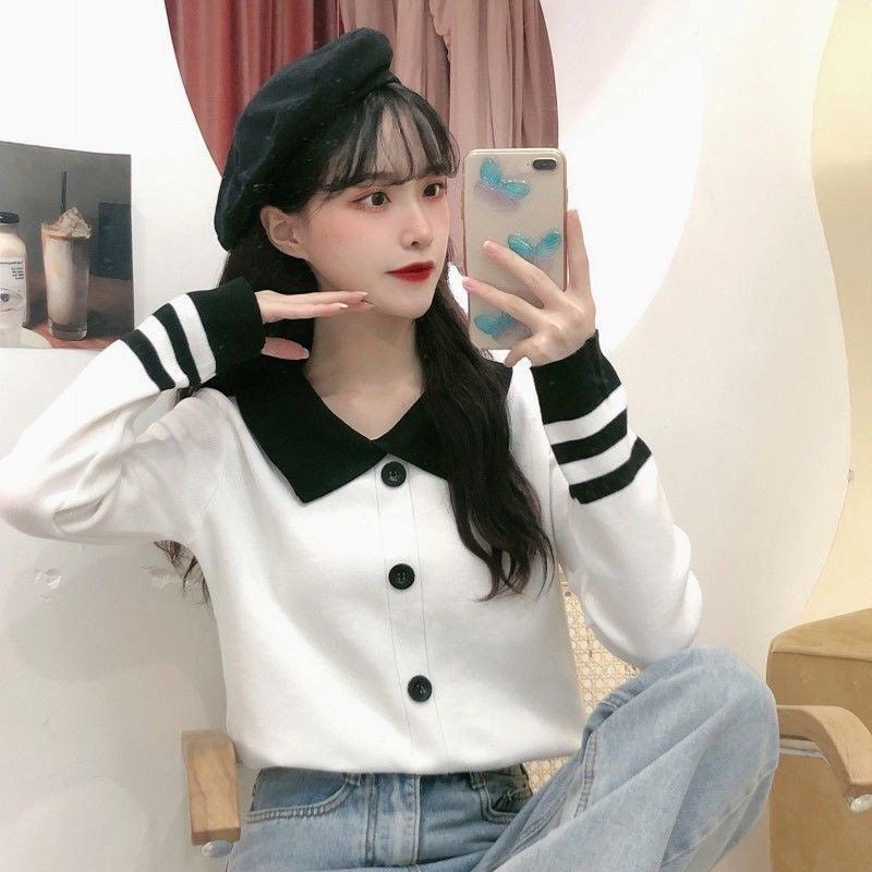 Áo khoác cardigan dệt kim cổ bẻ tay dài dáng rộng kẻ sọc thời trang mùa thu cho nữ