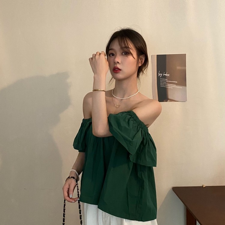 Áo nữ trễ vai SUXI dáng rộng màu trơn thời trang mùa hè phong cách vintage