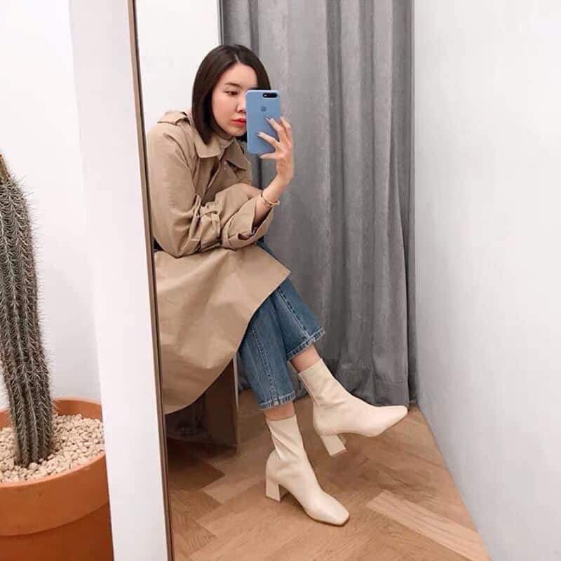 Giày Bốt - Boots trơn, mõm vuông, cổ lửng