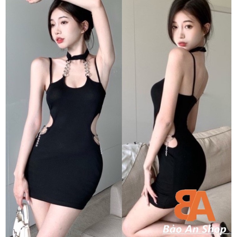 Đầm body dây phối xích chất thun gân 4 chiều