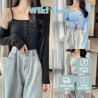 Set Cardigan Áo 2 Dây Cúc Giả - Bộ croptop thun tăm dài tay kèm khoác ngoài trơn màu Ulzzang wikishop C474