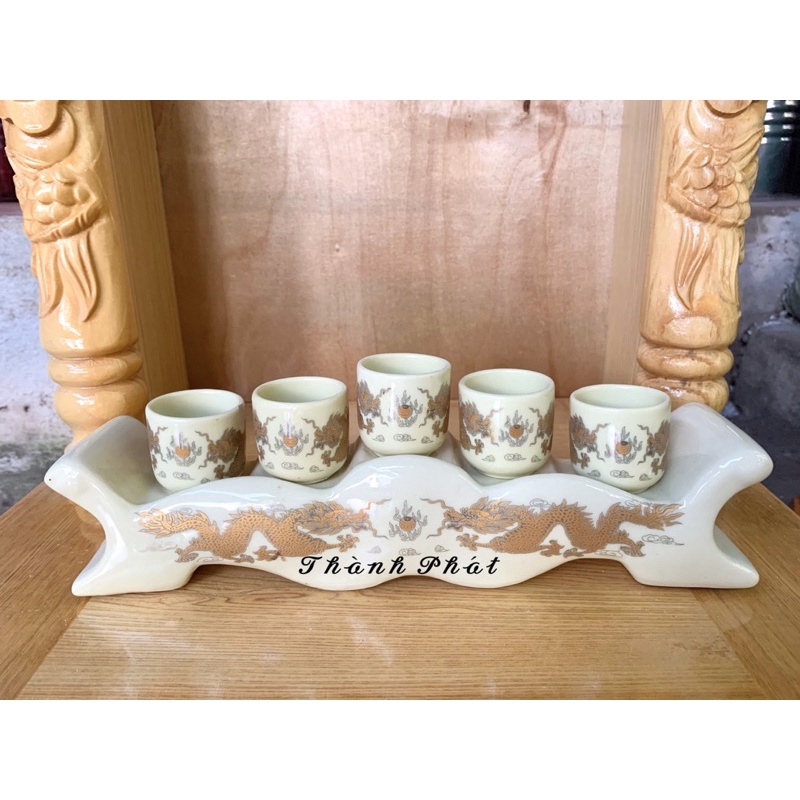 Bộ kỷ 3 chén,5 chén màu vàng ngà gốm sứ bát tràng, kỷ chén thờ cúng