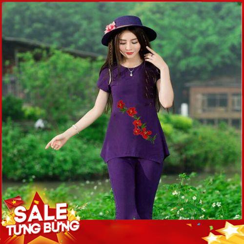 Đồ bộ mặc nhà thêu hoa lan hồ điệp đỏ cao cấp. - y hình - Rẻ vô địch