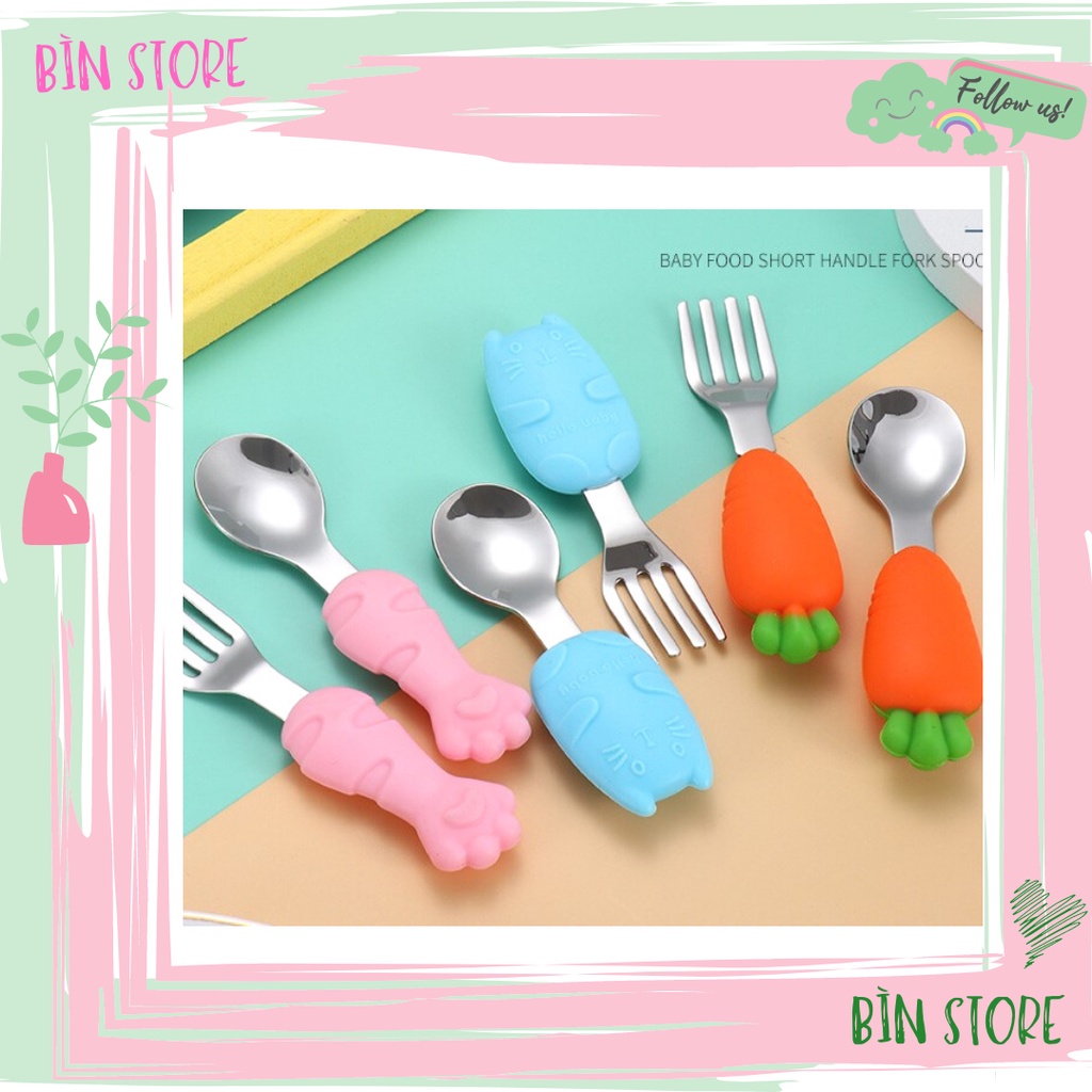 Bộ thìa muỗng nĩa INOX 304 CÓ HỘP cán silicon nhiều hình dạng cho bé nhỏ ăn dặm, bé lớn tập ăn cơm BÌN STORE