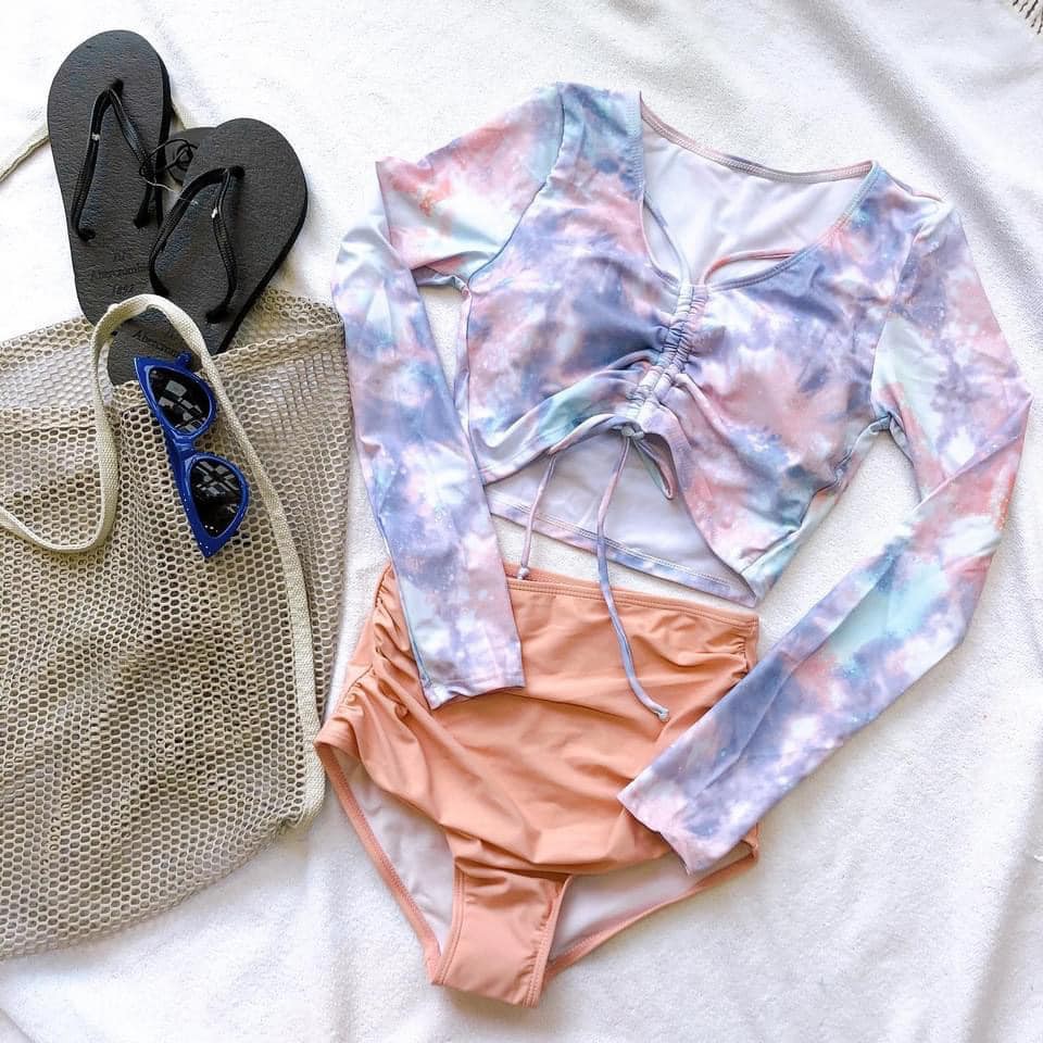 (Mẫu mới 2021) Bikini, đồ bơi tay dài hai mảnh màu pastel quần màu cam đào xinh xắn tôn dáng giấu bụng tôn da Hàn Quốc