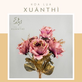 Cành hoa hồng kim tuyến decor trang trí - 1 cành 7 bông - Hoa giả để bàn hoa lụa Xuân Thì - HL16