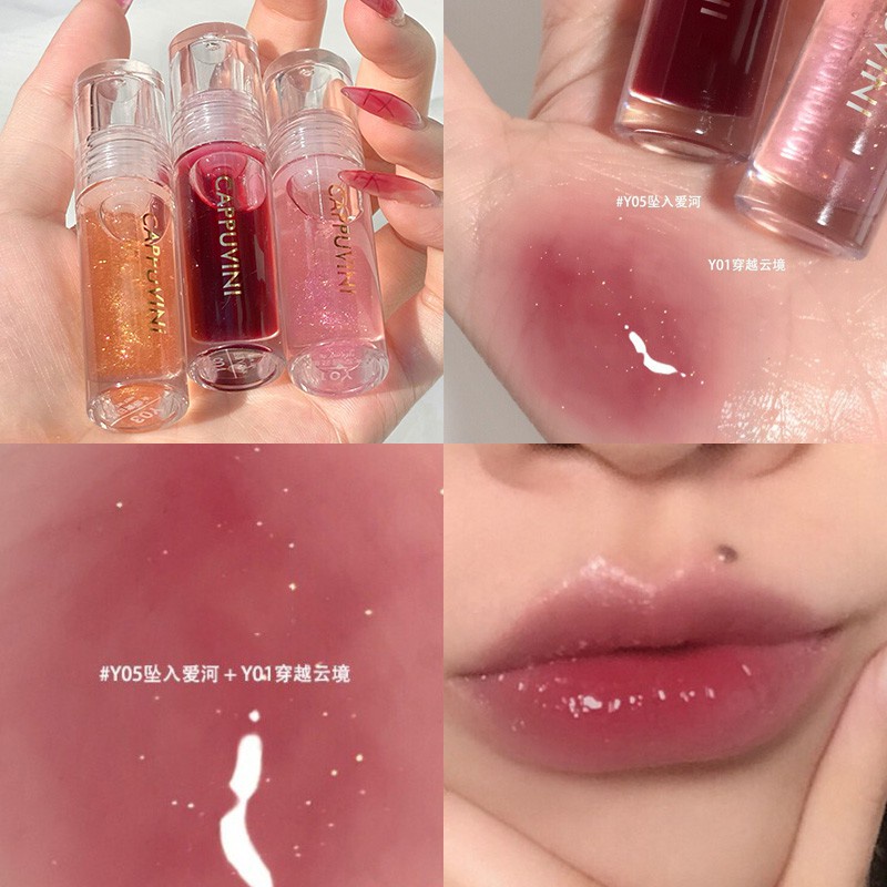 Cappuvini Lip Gloss 3pcs Transparent Water Shine Lip Glaze Pearl Glass Lip Makeup Lip Balm Moisturizing Korean Cosmetics