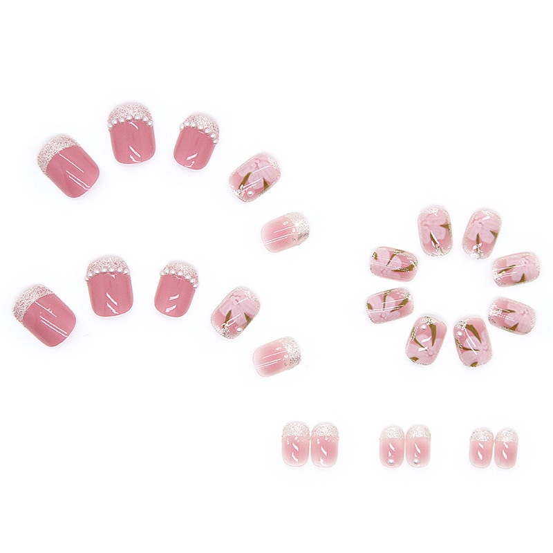Bộ móng tay giả nail màu hồng cánh sen bông hoa đính đá z269