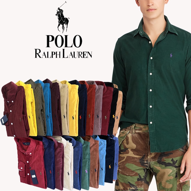 Áo Sơ Mi Dài Tay Vải Nhung Dày Thêu Chữ Ralph Laurens 23 Màu Tùy Chọn