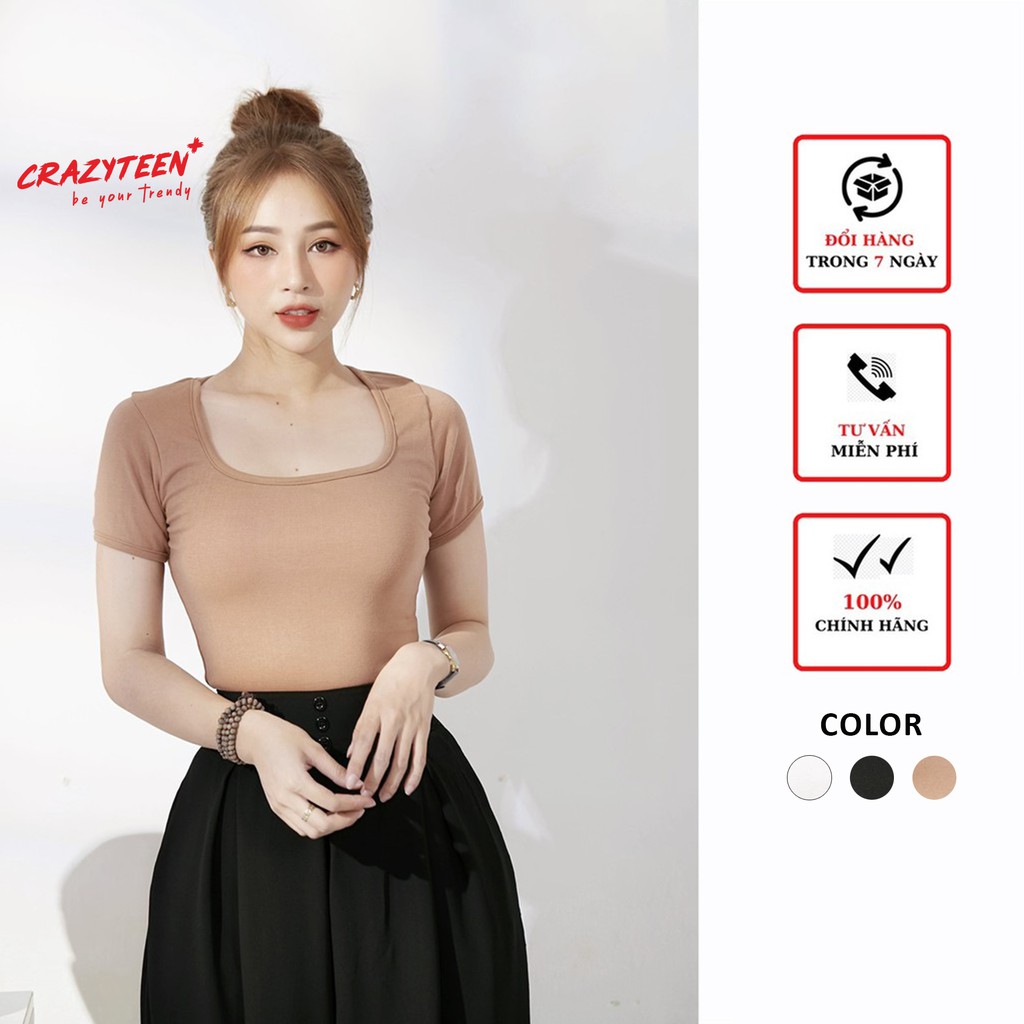 Áo thun ngắn tay nữ CRAZYTEEN cổ vuông AT0067