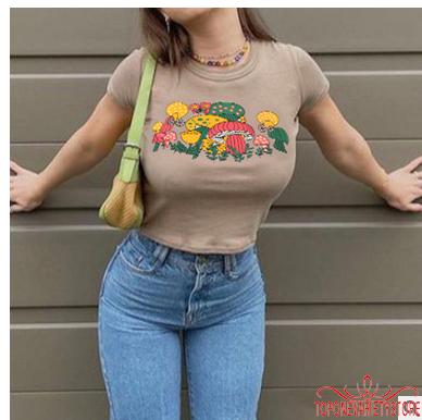 Áo Crop Top Nữ Ngắn Tay In Hình Cây Nấm