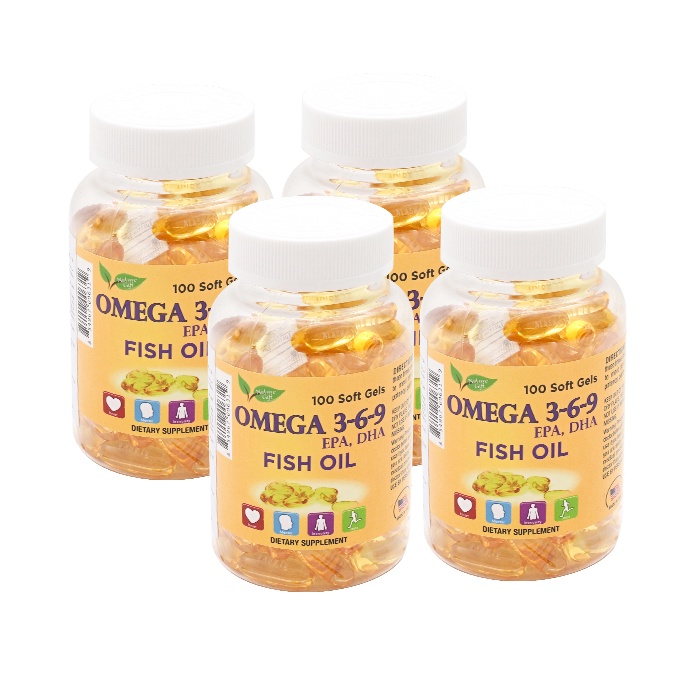 Bộ 4 hộp viên uống dầu cá Omega 3-6-9 Nature Gift 100 viên | TẶNG: 1H Shark 30v + 1 ĐTHT + 1 Gói kẹo hồng sâm