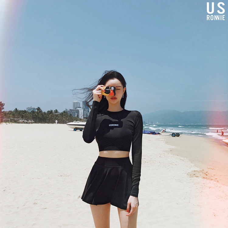 Bikini hai mảnh Usronnie năng động tay dài chân váy màu đen - M099 - Mermaid