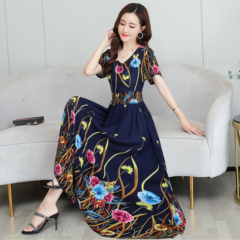 Dress 2021 new summer mother's imitation ice silk waist shows thin and noble, foreign style, over the knee big swing printing | BigBuy360 - bigbuy360.vn