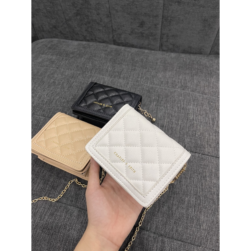 Ví mini cầm tay thêu ô trám có hai ngăn kèm dây xích đeo chéo LK279