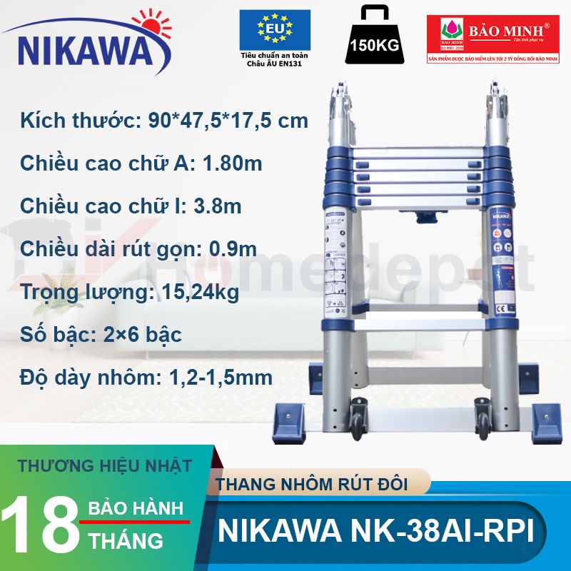 Thang nhôm rút đôi chữ A Nikawa NK-38AI-Pri, chiều cao chữ A 1.9m, 6 bậc, nhập khẩu Nhật Bản, bảo hành chính hãng