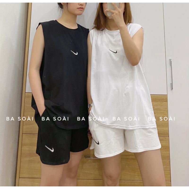 Set áo tanktop quần short đùi logo NI.KE 🌸Bộ cộc tay from rộng ulzzang trơn 💕