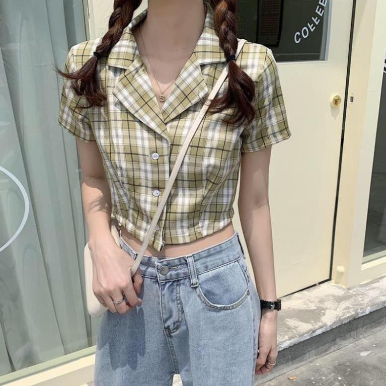 ÁO SƠ MI CROPTOP TAY NGẮN KẺ SỌC CARO THỜI TRANG CHO NỮ - CROPTOP CARO KẺ TÍM ĐEN ĐỎ HỒNG VÀNG XANH ་ ་