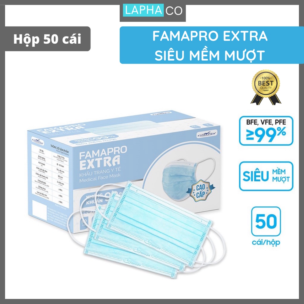 [Extra- HỘP 50 CÁI] Khẩu trang y tế kháng khuẩn 4 lớp Famapro Extra (50 cái/ hộp)