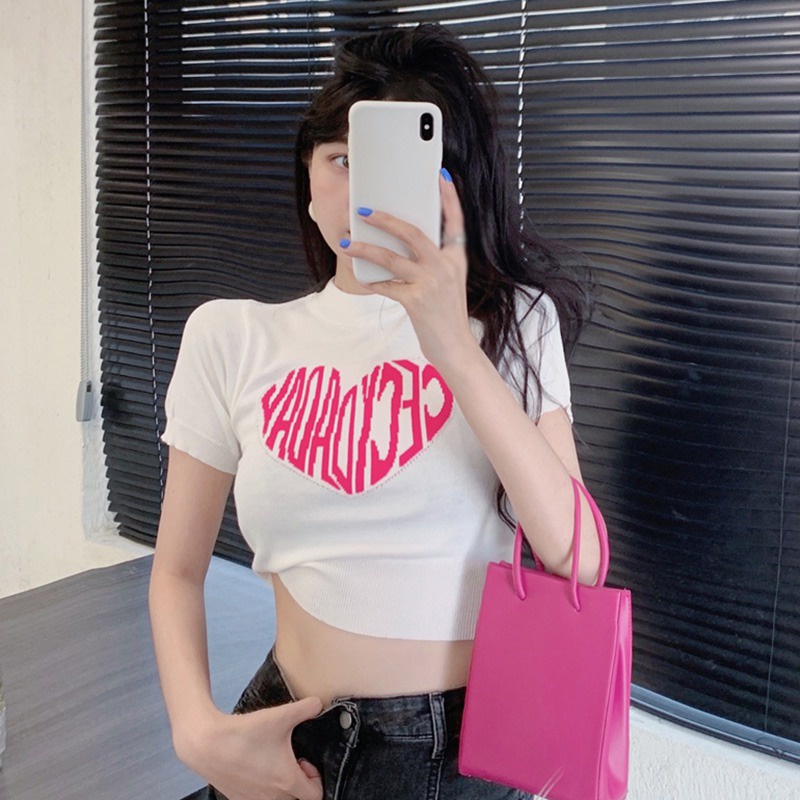 Áo Croptop Dệt Kim Tay Ngắn Cổ Tròn In Chữ Thời Trang Dành Cho Nữ