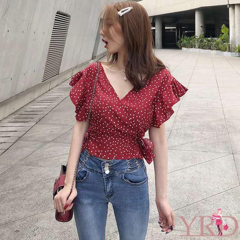Áo kiểu chất Chiffon tay ngắn cổ chữ V hoạ tiết chấm bi phong cách Hàn Quốc