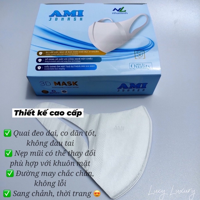 Khẩu Trang y tế 3D mask AMI công nghệ Nhật Bản hộp 50 chiếc hàng công ty, Khẩu trang chống dịch kháng khuẩn 3D Mask Ami