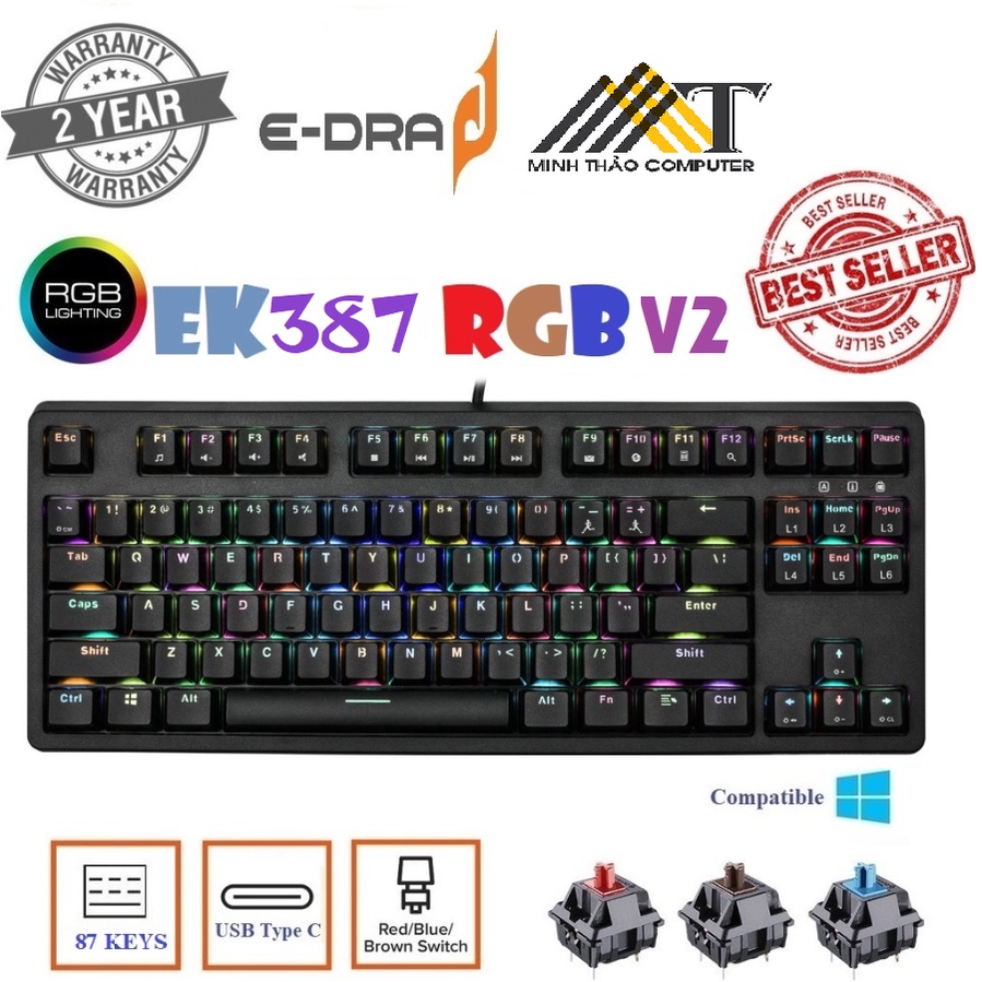 Bàn phím cơ Gaming Edra EK387 RGB LED V2 Bản Nâng Cấp , CHÍNH HÃNG