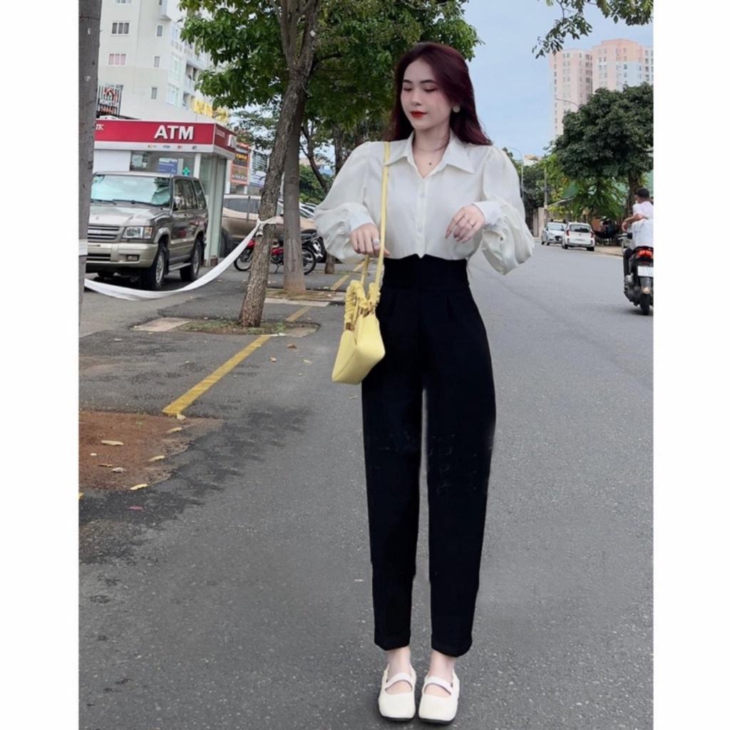 Quần Tây Nữ Lưng Cao Khóa Sau Hông Đi Học Làm Công Sở Kiểu Quần Baggy Nữ Cạp Bản To Cao Vải Tuyết Mưa Co Giãn Nhẹ mã 107