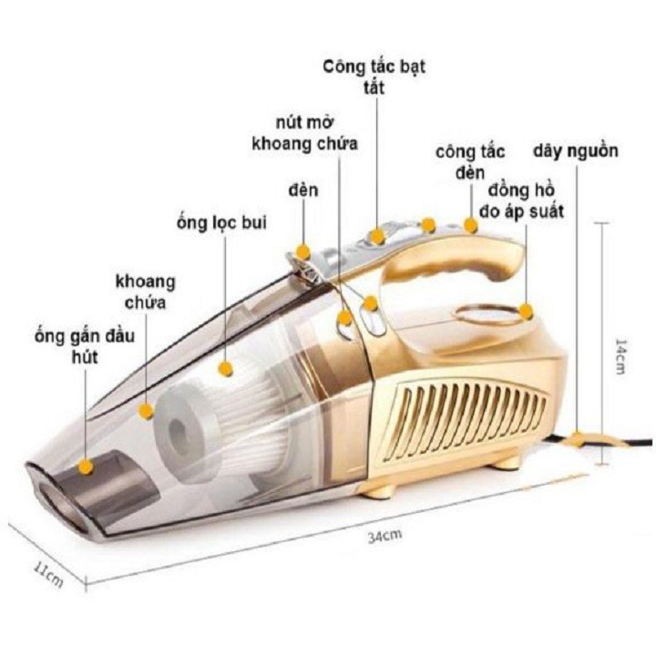 Máy Hút Bụi Ô Tô Kiêm Bơm Lốp, Đo Áp Suất Và Đèn Pin Siêu Sáng (Đa Chức Năng)