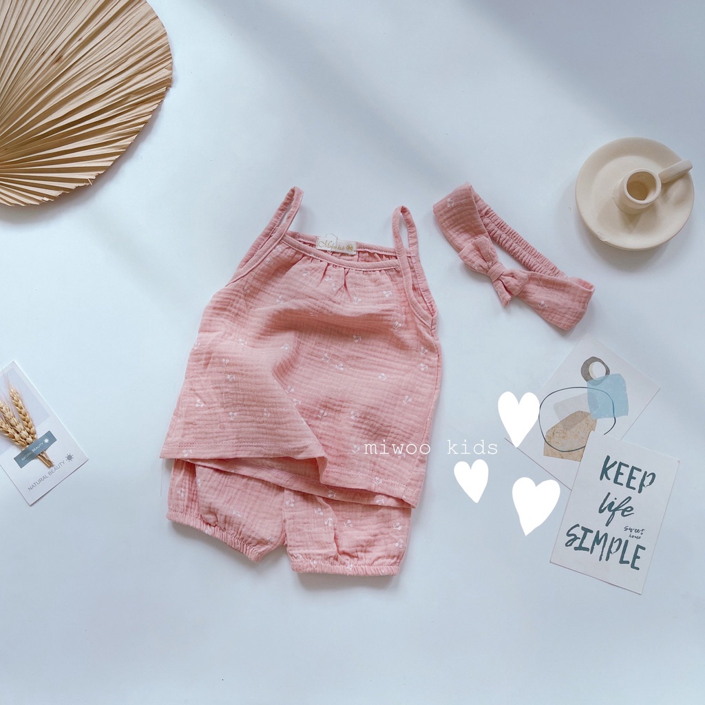 Set Bộ 2 Dây Miwoo Kid cho Bé Gái Size 8-18kg💖Đồ Bộ Bé Gái 2 Dây Chất Xô Muslin Cao Cấp Kèm Turban Họa Tiết Đáng Yêu