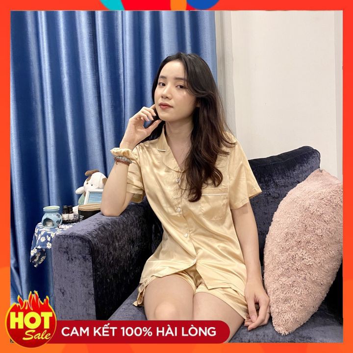 Bộ Pyjama Lụa Latin trơn màu vàng be - Chất đẹp mịn cực mát - quần dài , đùi