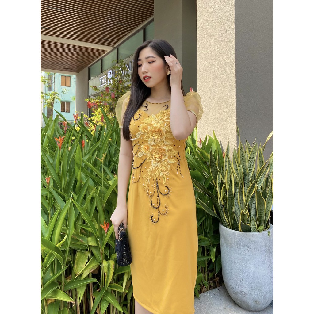 đầm cho mẹ dự tiệc , thiết kế sang trọng phối hoa cao cấp