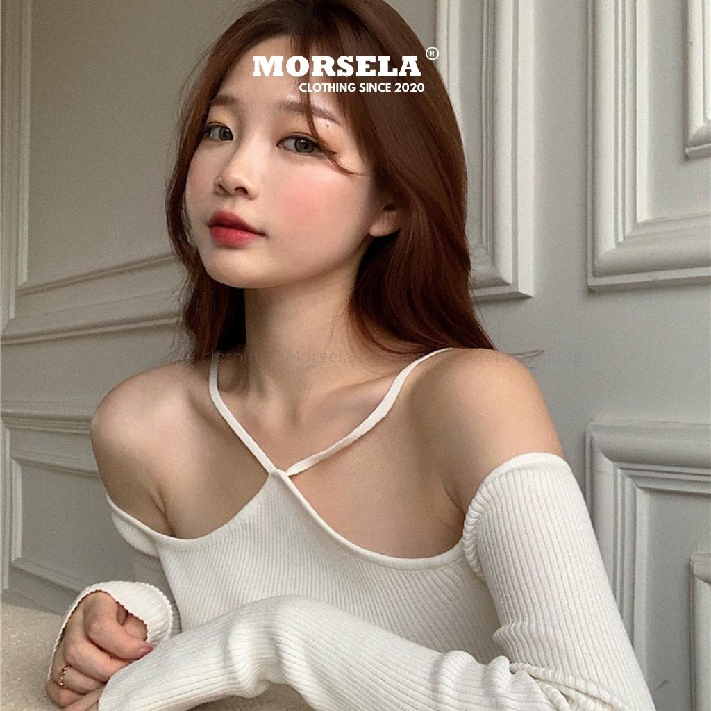 MORSELA® chính hãng - Áo croptop nữ 2 dây cổ yếm trễ vai ôm body tay dài - Áo yếm bẹt vai