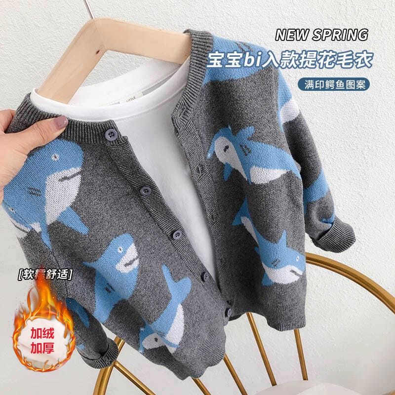 Áo Khoác Cardigan Dệt Kim Họa Tiết Cá Mập Hoạt Hình Thời Trang Xuân Thu Cho Bé Trai Và Gái