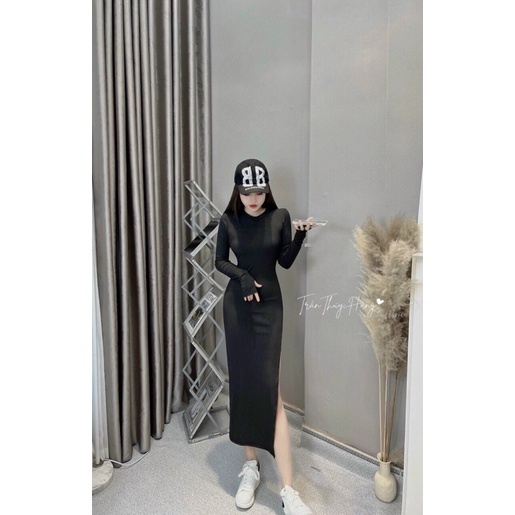 Đầm Ôm Body Tay Dài Xẻ Tà Chất Zip Siêu Tôn Dáng