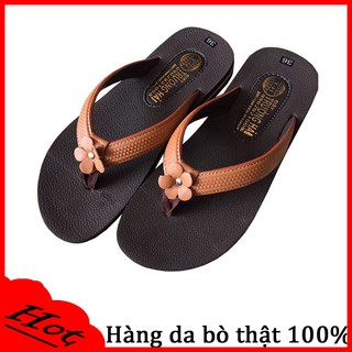 Dép xỏ ngón nữ đính hoa da bò cao cấp  màu vàng TH XN 212