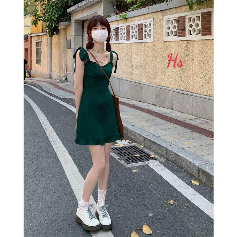 [ ẢNH THẬT + VIDEO+ GIÁ RẺ ] Váy bèo buộc dây vai màu xanh như ảnh