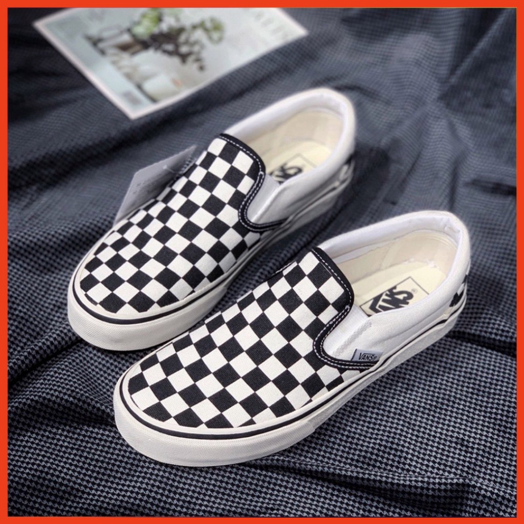 Giày lười nam nữ loại đẹp full box - Giày thể thao Slip On Vans Caro kẻ sọc đen trắng cá tính ulzzang, đế êm lót da D9 | WebRaoVat - webraovat.net.vn